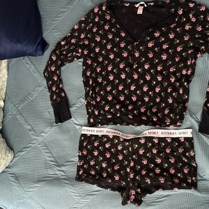 Victoria's Secret Black and Pink Floral Pajama Set